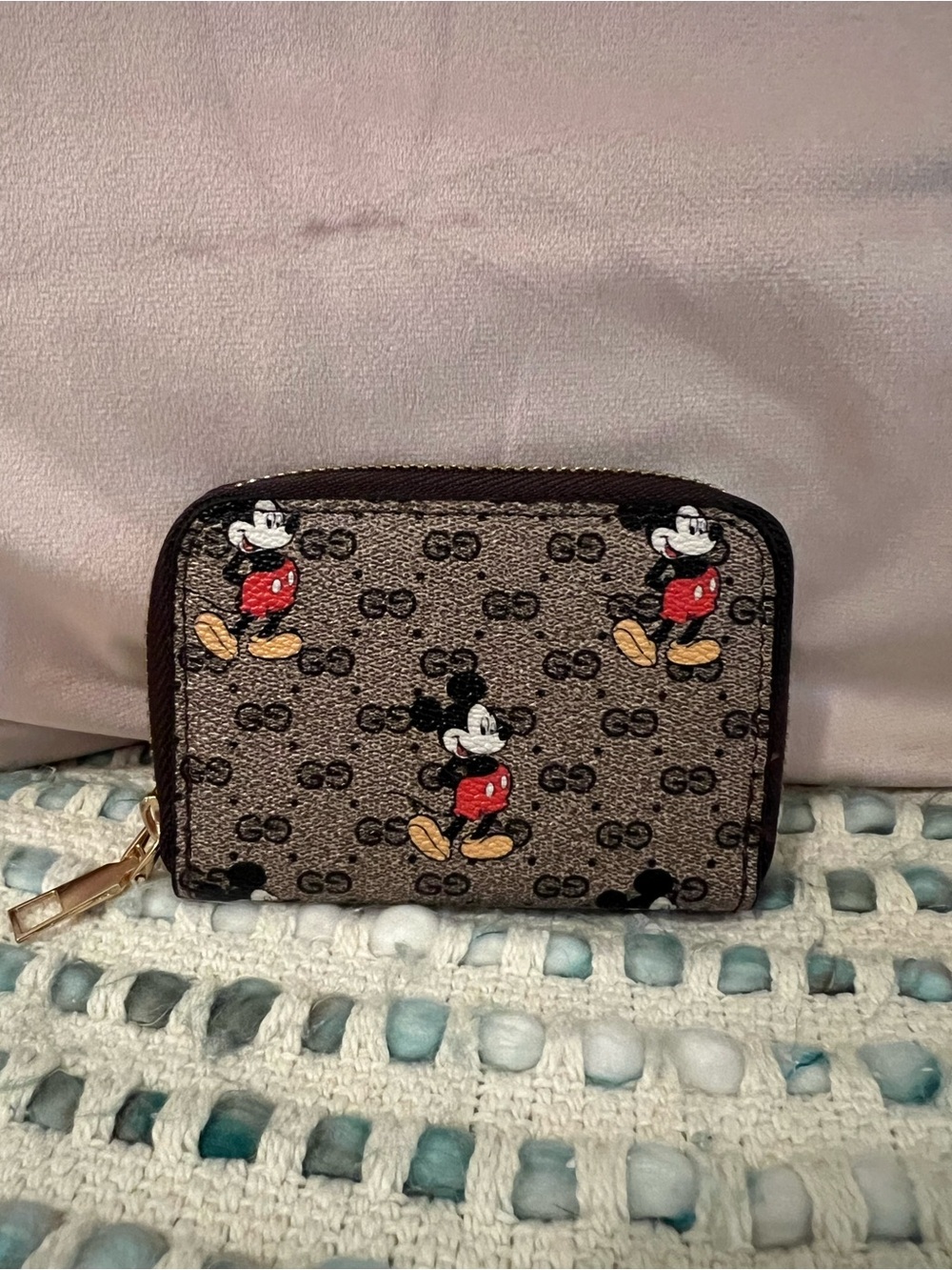 INSPIRED Mickey Mouse Logo Zip Card Holder - Brown/Tan/Red
